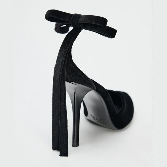 ZARA Black Pointed Toe Heels with Bow NWT - Picture 8 of 16